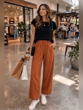 Eileen Fisher Wide-Leg Drawstring Pants in Rust Orange
